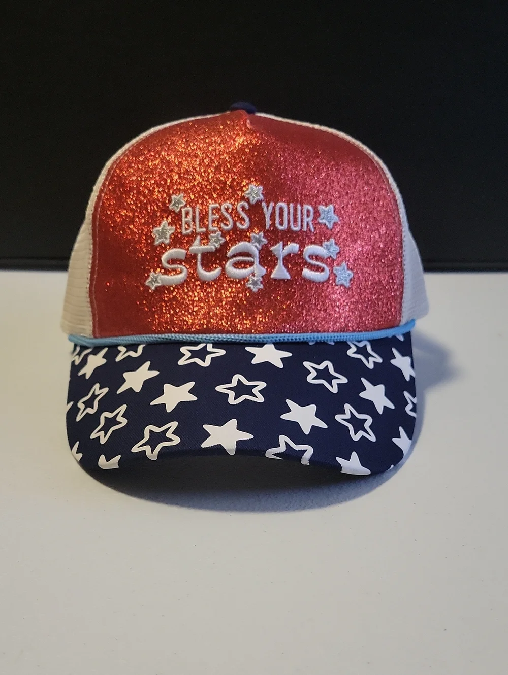 Bless Your Stars Glitter Trucker Hat - Red, Navy, White. T21